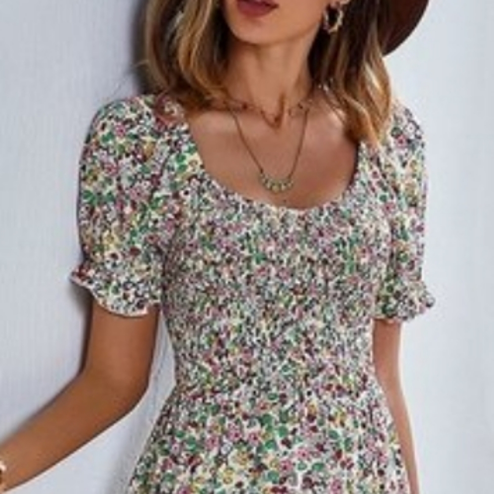 Boutique Boho Summer Floral Midi Dress Ruffle Calico Smocking Bohemian - Picture 4 of 14
